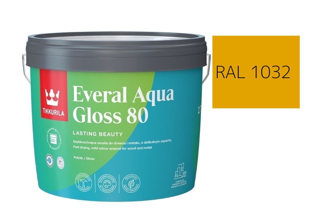 TIKKURILA Everal Aqua Gloss [80] 2,7l Połysk KOLOR ŻÓŁTY CIEMNY  RAL 1032