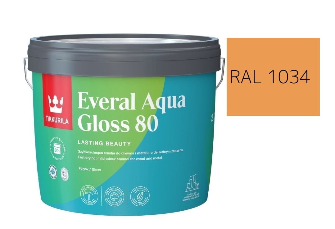 TIKKURILA Everal Aqua Gloss [80] 2,7l Połysk KOLOR ŻÓŁTY PASTELOWY  RAL 1034