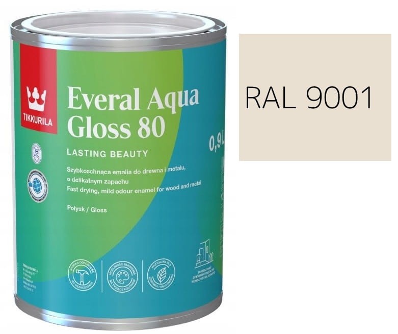 TIKKURILA Everal Aqua Gloss [80] 0,9l Połysk KOLOR KREMOWY RAL 9001