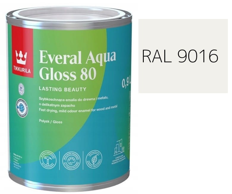TIKKURILA Everal Aqua Gloss [80] 0,9l Połysk KOLOR BIAŁY DROGOWY RAL 9016