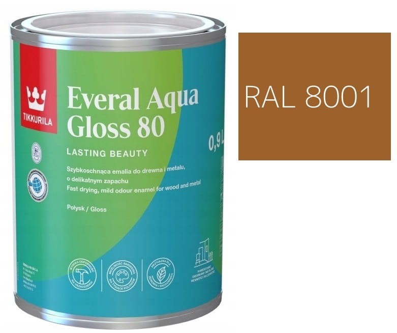 TIKKURILA Everal Aqua Gloss [80] 0,9l Połysk KOLOR ORZECH JASNY RAL 8001
