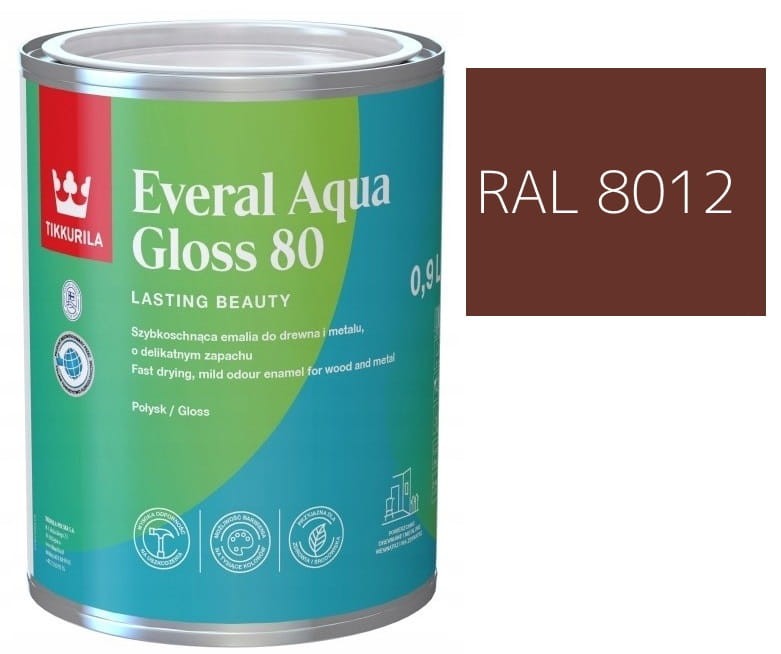 TIKKURILA Everal Aqua Gloss [80] 0,9l Połysk KOLOR BRĄZOWY CZERWONY RAL 8012