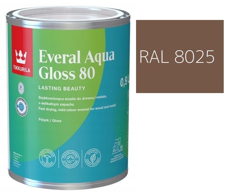 TIKKURILA Everal Aqua Gloss [80] 0,9l Połysk KOLOR BLADY BRĄZOWY RAL 8025