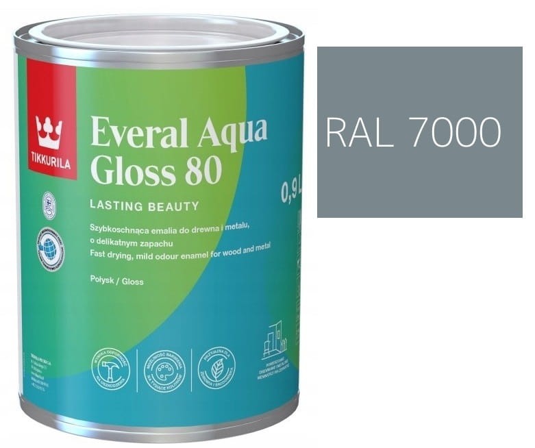 TIKKURILA Everal Aqua Gloss [80] 0,9l Połysk KOLOR SZARY POPIELATY RAL 7000