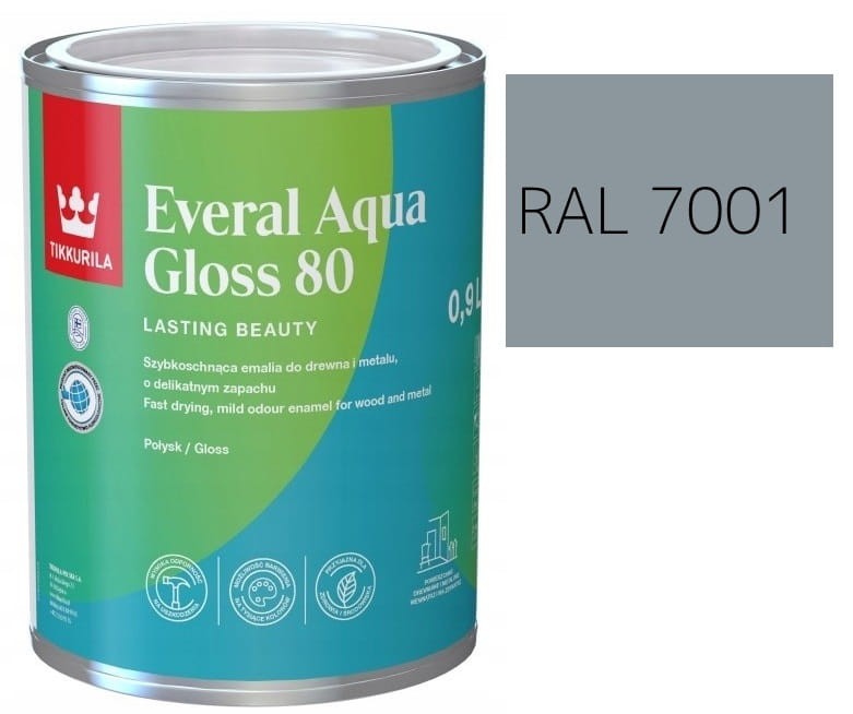 TIKKURILA Everal Aqua Gloss [80] 0,9l Połysk KOLOR STALOWY RAL 7001