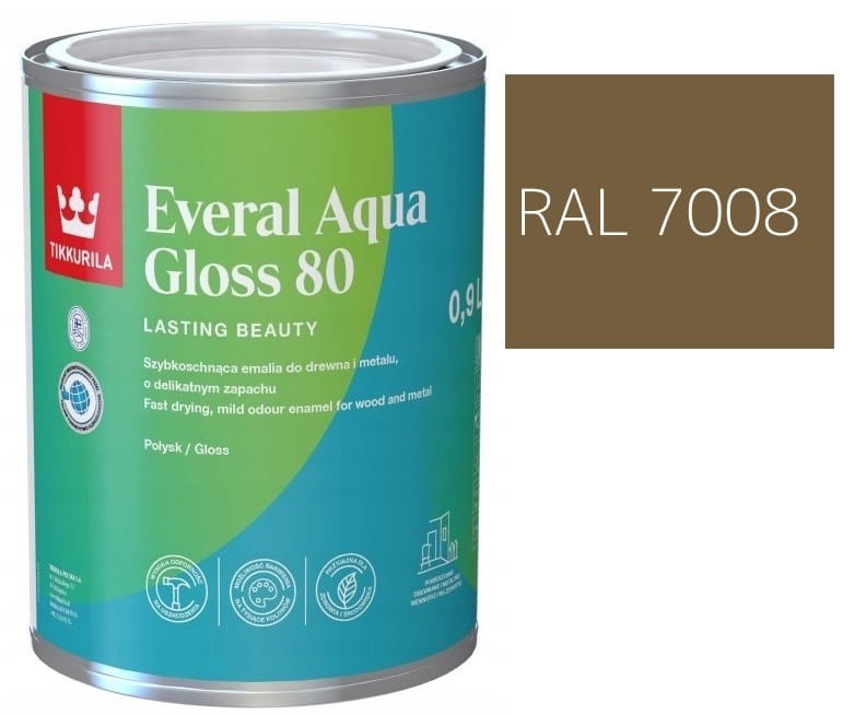 TIKKURILA Everal Aqua Gloss [80] 0,9l Połysk KOLOR SZARY KHAKI RAL 7008