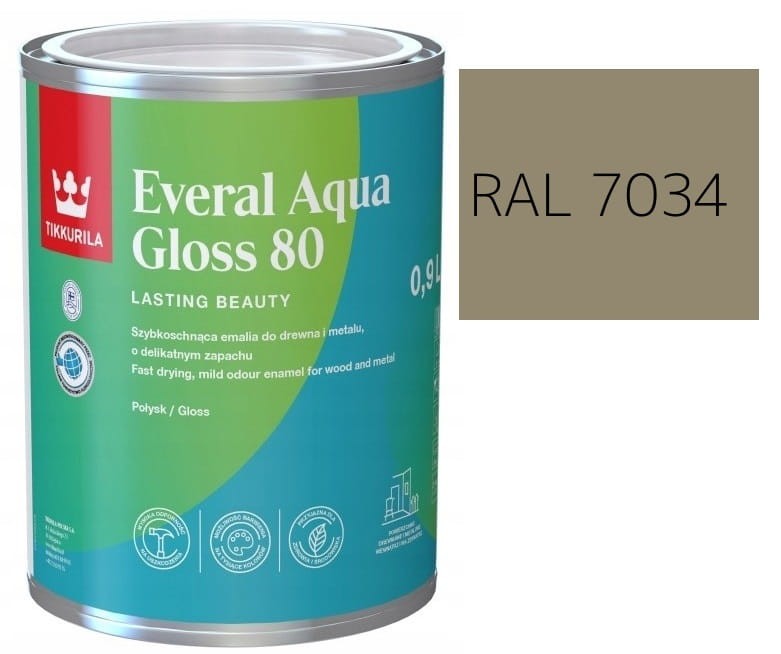 TIKKURILA Everal Aqua Gloss [80] 0,9l Połysk KOLOR SZARO-ŻÓŁTY RAL 7034