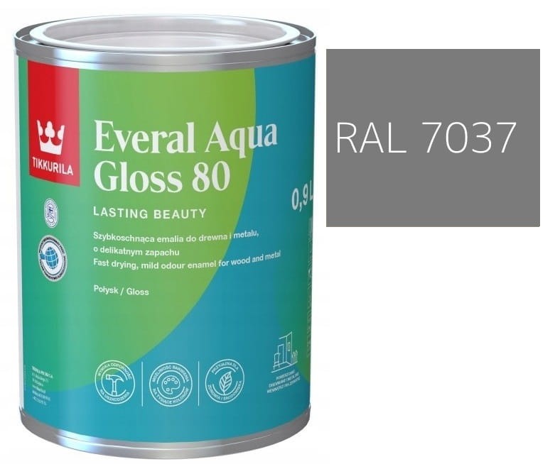 TIKKURILA Everal Aqua Gloss [80] 0,9l Połysk KOLOR SZARY STALOWY RAL 7037