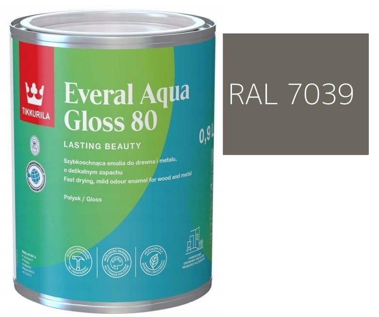 TIKKURILA Everal Aqua Gloss [80] 0,9l Połysk KOLOR SZARY KWARCOWY RAL 7039