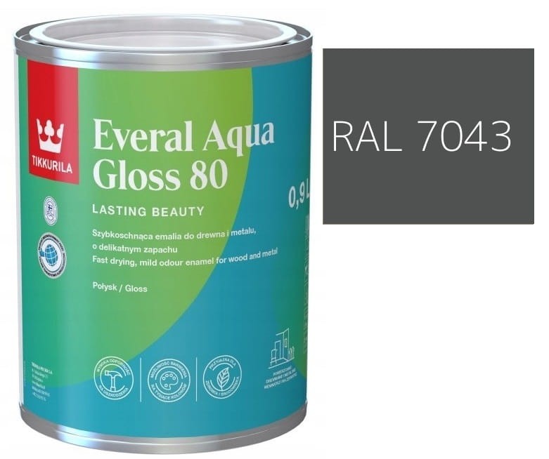 TIKKURILA Everal Aqua Gloss [80] 0,9l Połysk KOLOR SZARY CIEMNY RAL 7043
