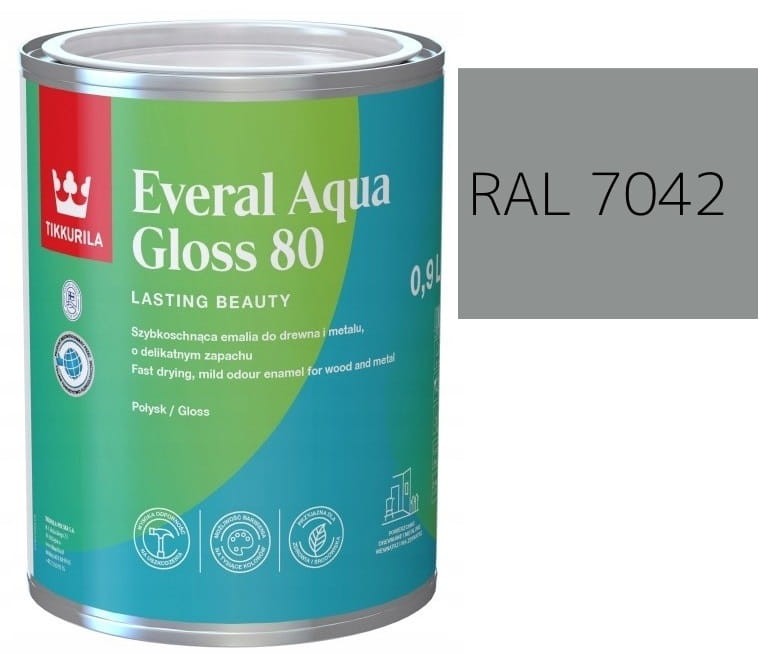 TIKKURILA Everal Aqua Gloss [80] 0,9l Połysk KOLOR SZARY DROGOWY RAL 7042