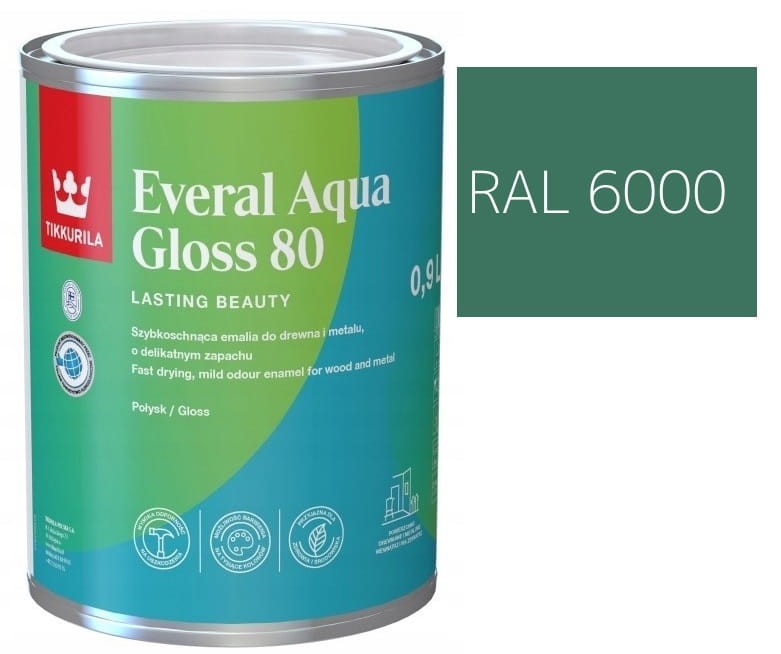 TIKKURILA Everal Aqua Gloss [80] 0,9l Połysk KOLOR ZIELONY PATYNOWY RAL 6000