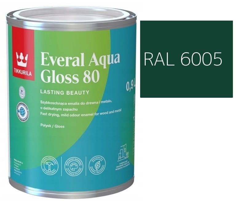 TIKKURILA Everal Aqua Gloss [80] 0,9l Połysk KOLOR ZIELONY MECH RAL 6005
