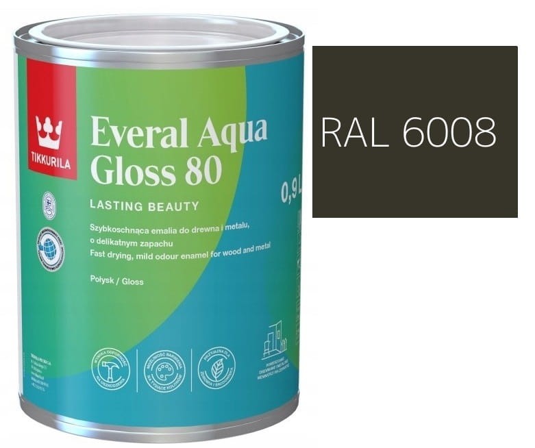 TIKKURILA Everal Aqua Gloss [80] 0,9l Połysk KOLOR BRĄZOWO ZIELONY RAL 6008