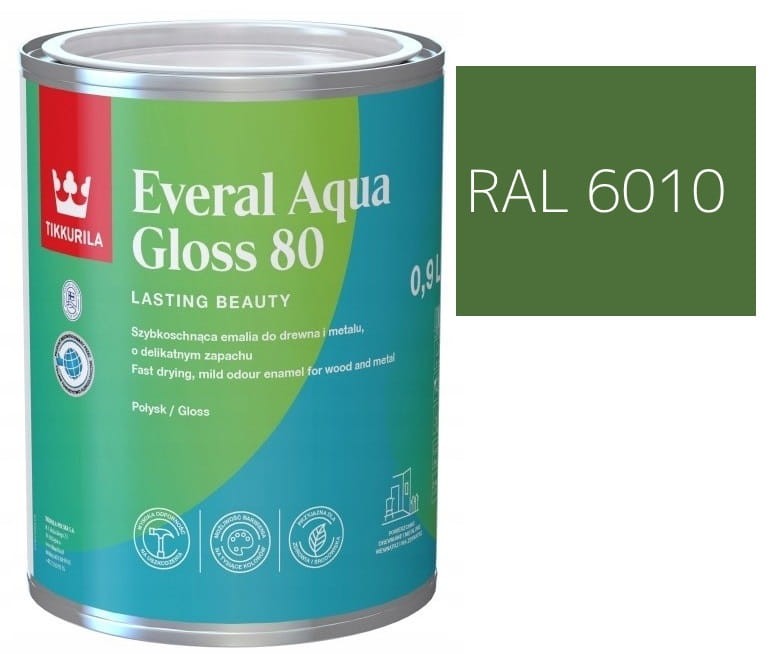 TIKKURILA Everal Aqua Gloss [80] 0,9l Połysk KOLOR ZIELONY TRAWIASTY RAL 6010