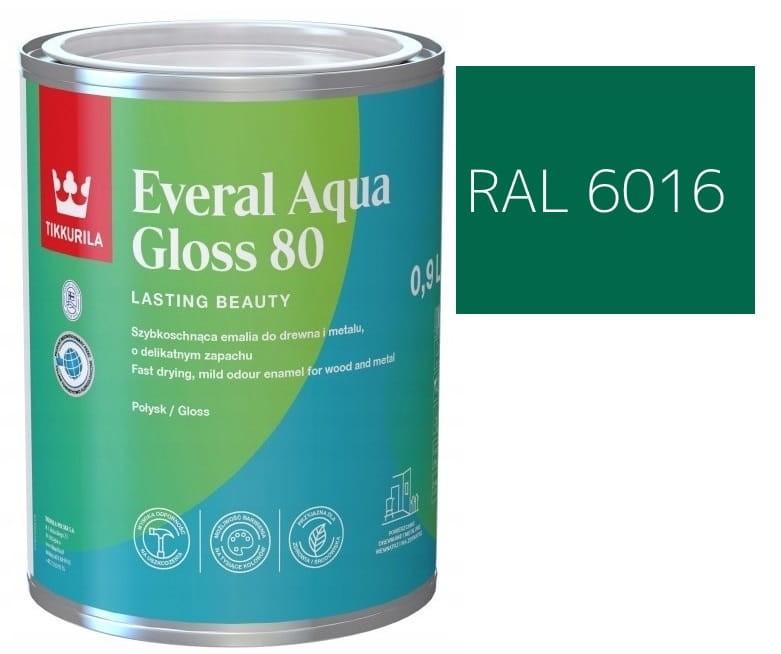 TIKKURILA Everal Aqua Gloss [80] 0,9l Połysk KOLOR ZIELONY TURKUSOWY RAL 6016