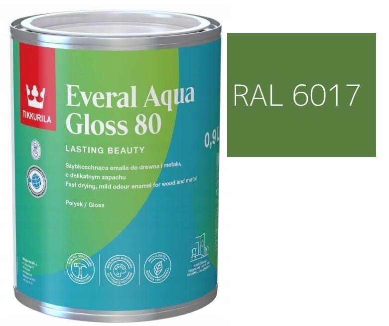 TIKKURILA Everal Aqua Gloss [80] 0,9l Połysk KOLOR ZIELEŃ MAJOWA RAL 6017