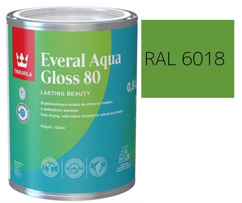 TIKKURILA Everal Aqua Gloss [80] 0,9l Połysk KOLOR ZIELONY WIOSENNY RAL 6018