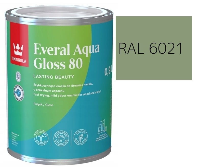 TIKKURILA Everal Aqua Gloss [80] 0,9l Połysk KOLOR ZIELONY BLADY  RAL 6021