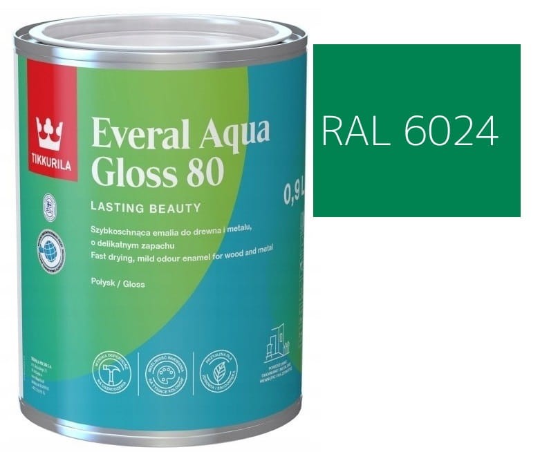 TIKKURILA Everal Aqua Gloss [80] 0,9l Połysk KOLOR ZIELONY OSTRZEGAWCZY  RAL 6024