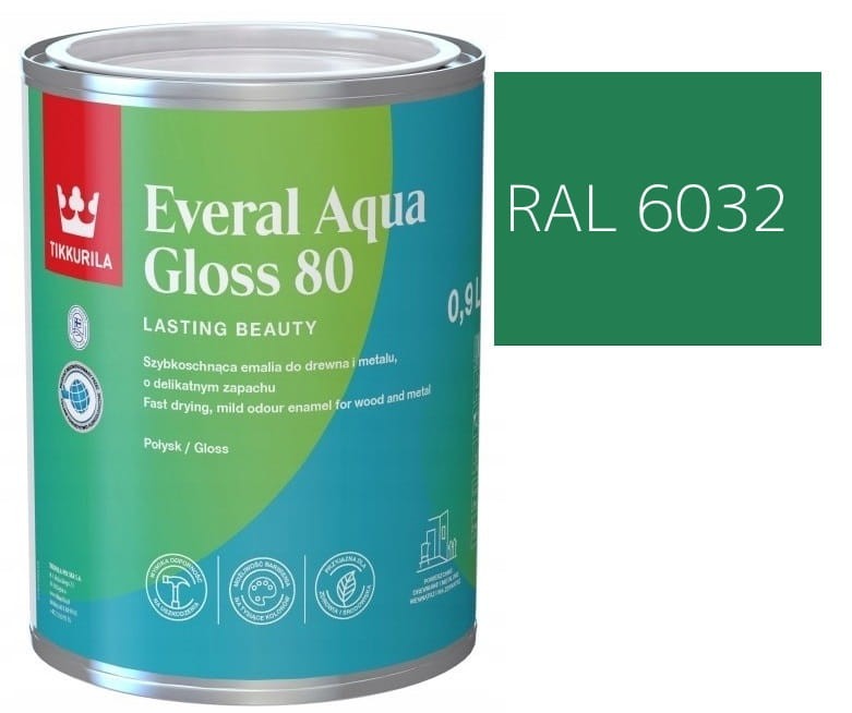 TIKKURILA Everal Aqua Gloss [80] 0,9l Połysk KOLOR ZIELONY SYGNAŁOWY RAL 6032