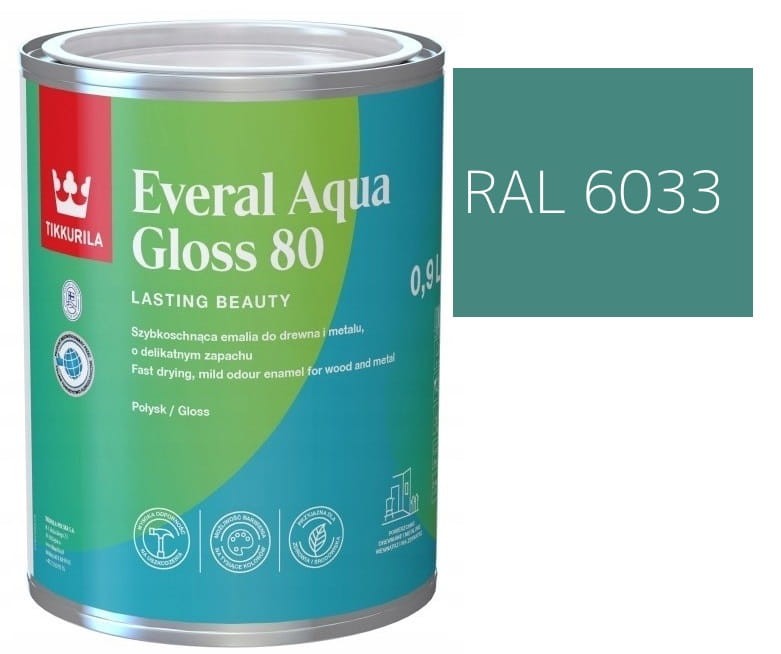 TIKKURILA Everal Aqua Gloss [80] 0,9l Połysk KOLOR MIĘTOWY TURKUS RAL 6033