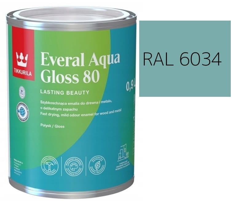 TIKKURILA Everal Aqua Gloss [80] 0,9l Połysk KOLOR TURKUS PASTELOWY RAL 6034
