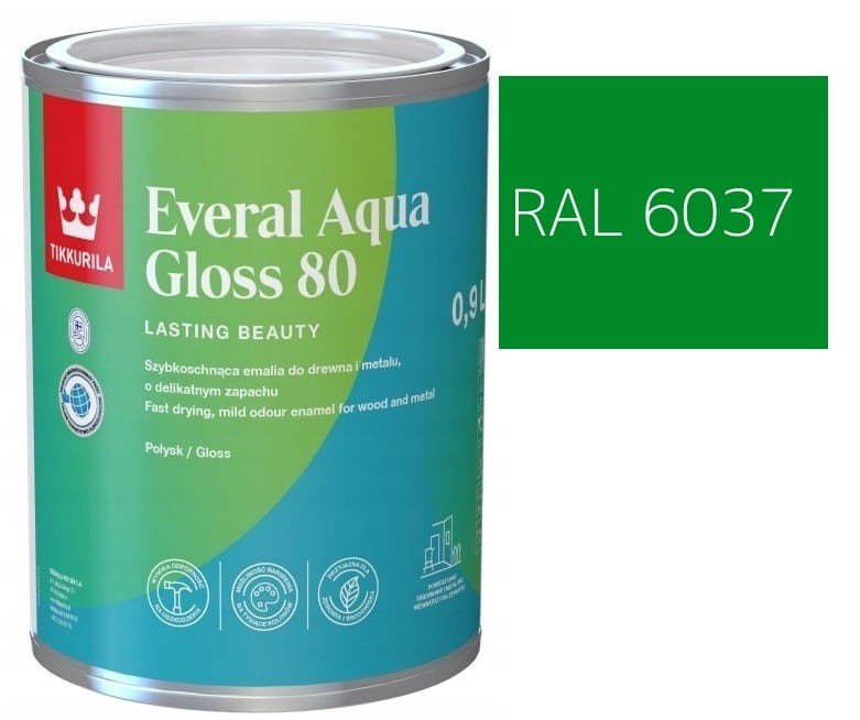 TIKKURILA Everal Aqua Gloss [80] 0,9l Połysk KOLOR ZIELONY CZYSTY RAL 6037