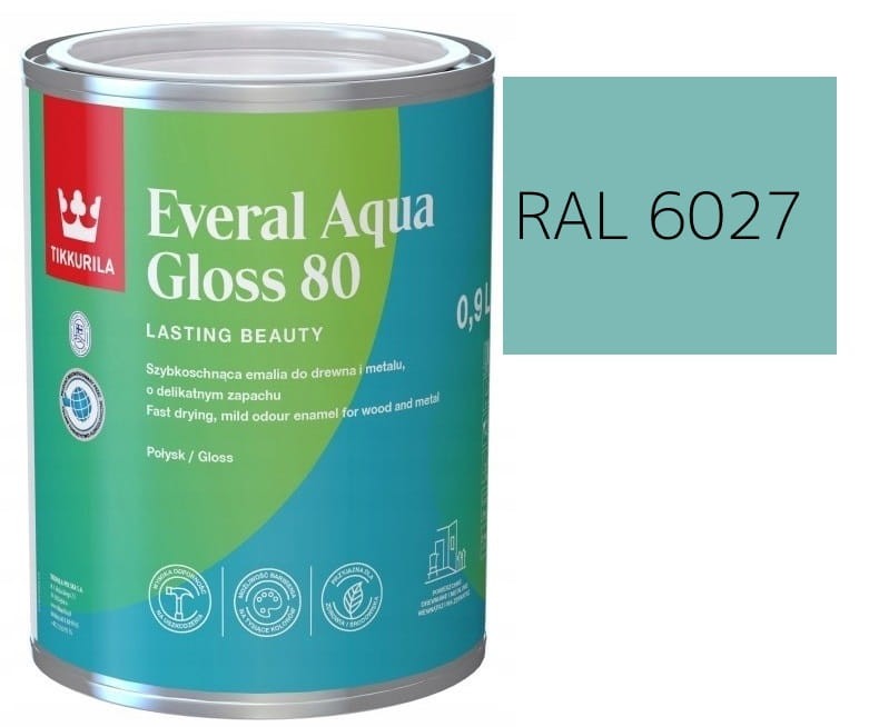 TIKKURILA Everal Aqua Gloss [80] 0,9l Połysk KOLOR JASNO ZIELONY RAL 6027