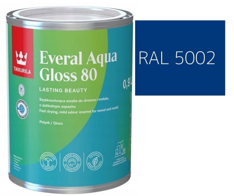 TIKKURILA Everal Aqua Gloss [80] 0,9l Połysk KOLOR NIEBIESKI ULTRAMARYNA RAL 5002