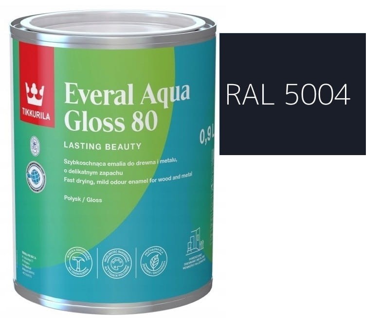 TIKKURILA Everal Aqua Gloss [80] 0,9l Połysk KOLOR CZARNO NIEBIESKI RAL 5004