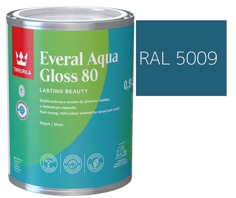 TIKKURILA Everal Aqua Gloss [80] 0,9l Połysk KOLOR NIEBIESKI AZUROWY RAL 5009