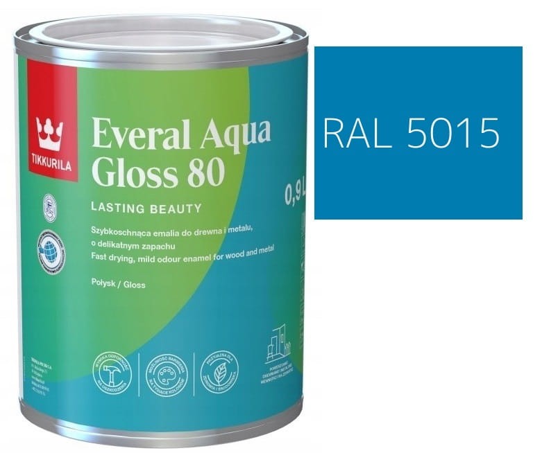 TIKKURILA Everal Aqua Gloss [80] 0,9l Połysk KOLOR NIEBIESKI ŚREDNI RAL 5015