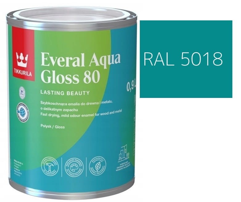 TIKKURILA Everal Aqua Gloss [80] 0,9l Połysk KOLOR TURKUSOWY RAL 5018