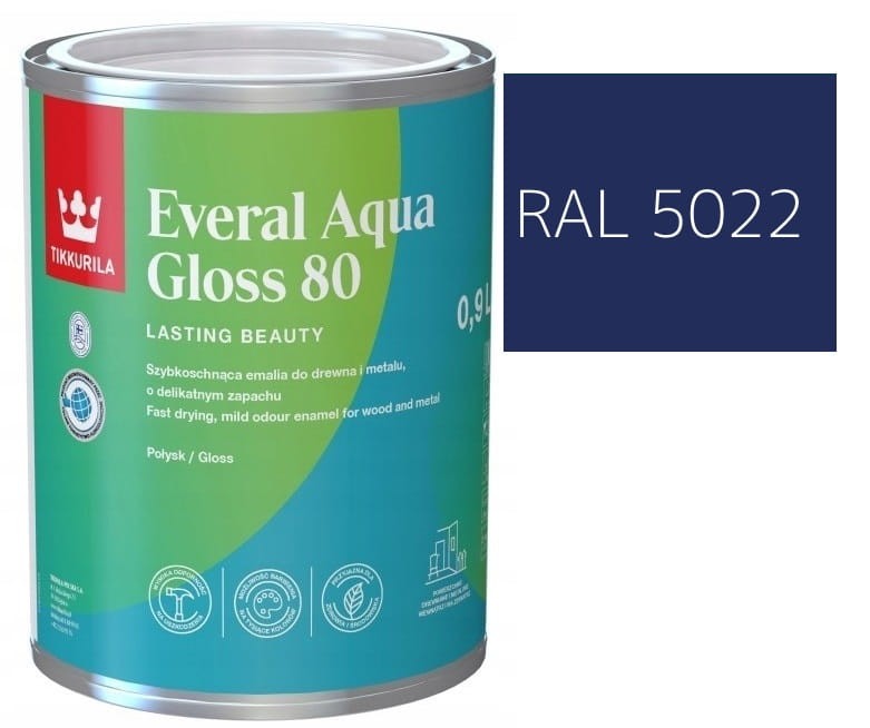 TIKKURILA Everal Aqua Gloss [80] 0,9l Połysk KOLOR GRANATOWY RAL 5022