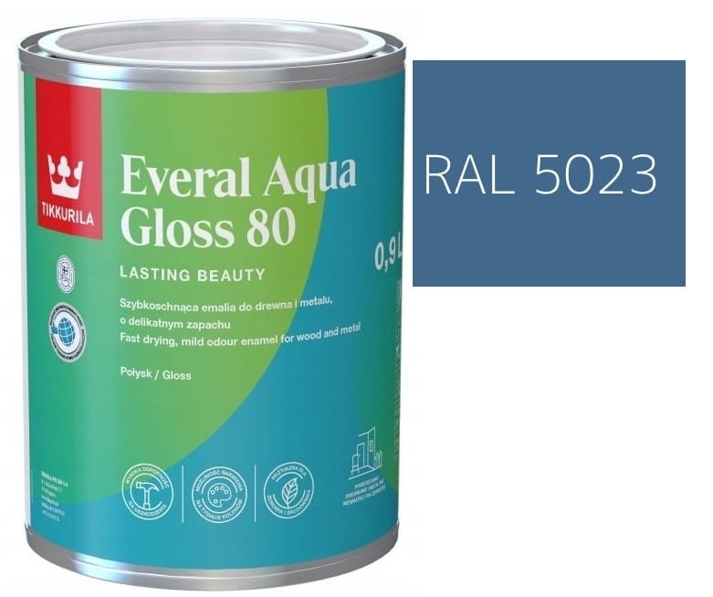TIKKURILA Everal Aqua Gloss [80] 0,9l Połysk KOLOR BŁĘKITNY POPIELATY RAL 5023