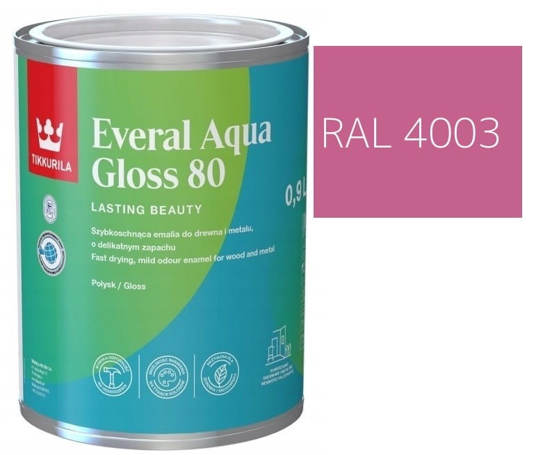 TIKKURILA Everal Aqua Gloss [80] 0,9l Połysk KOLOR WRZOSOWY RAL 4003