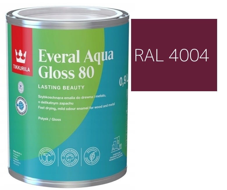 TIKKURILA Everal Aqua Gloss [80] 0,9l Połysk KOLOR BORDOWY RAL 4004