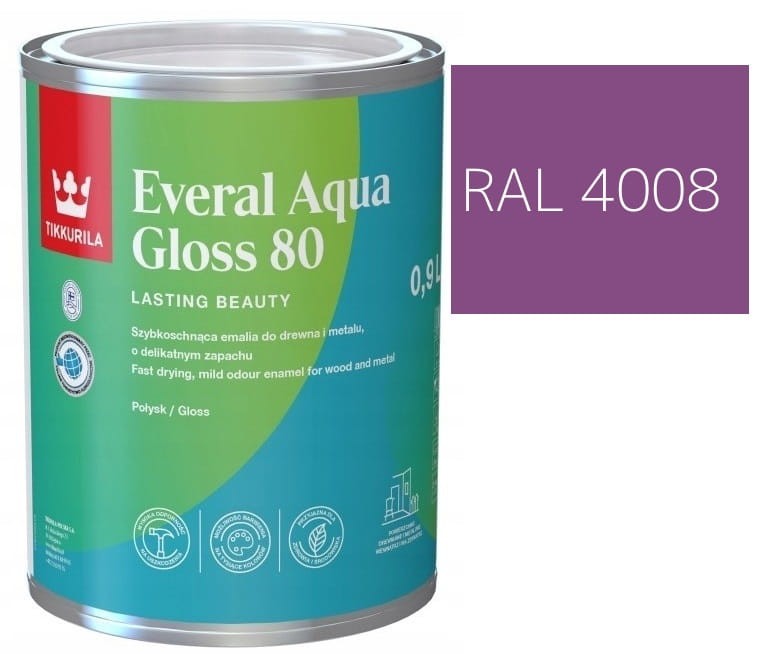 TIKKURILA Everal Aqua Gloss [80] 0,9l Połysk KOLOR FIOLETOWY SYGNAŁOWY RAL 4008