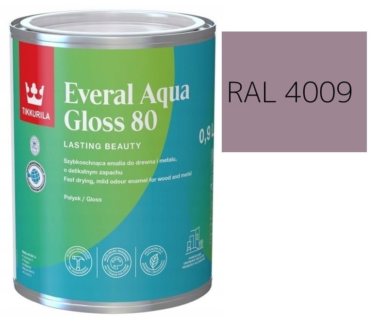 TIKKURILA Everal Aqua Gloss [80] 0,9l Połysk KOLOR FIOLETOWY PASTELOWY RAL 4009