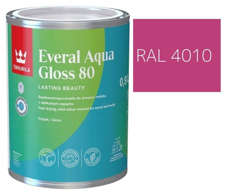 TIKKURILA Everal Aqua Gloss [80] 0,9l Połysk KOLOR TELEMAGENTA RAL 4010