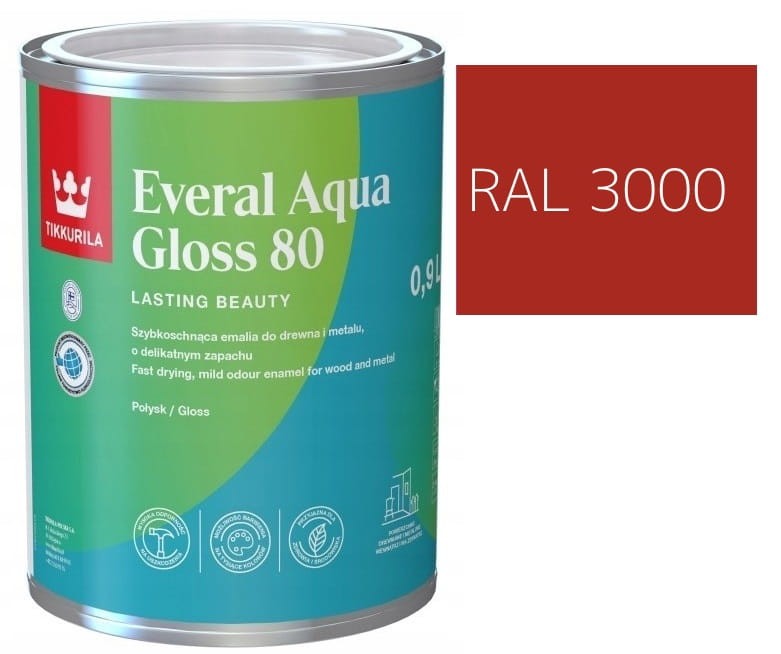 TIKKURILA Everal Aqua Gloss [80] 0,9l Połysk KOLOR CZERWONY OGNISTY RAL 3000