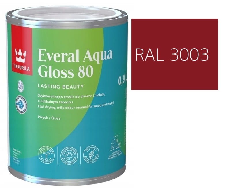 TIKKURILA Everal Aqua Gloss [80] 0,9l Połysk KOLOR CZERWONY RUBINOWY RAL 3003
