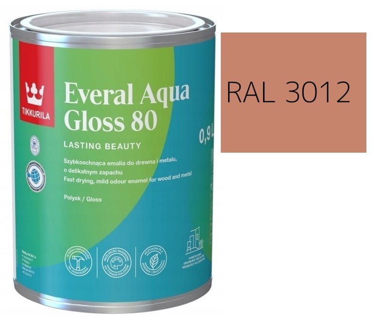 TIKKURILA Everal Aqua Gloss [80] 0,9l Połysk KOLOR CZERWONO BEŻOWY RAL 3012