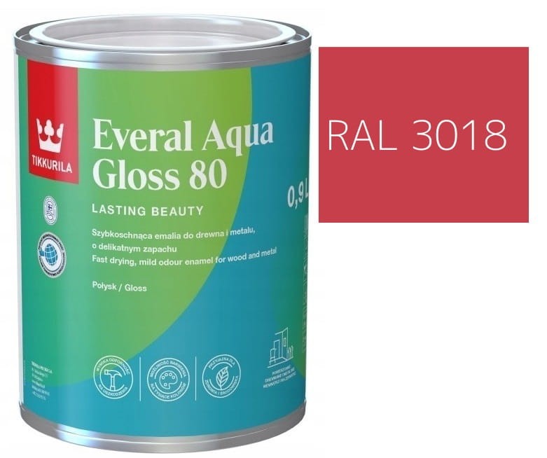 TIKKURILA Everal Aqua Gloss [80] 0,9l Połysk KOLOR CZERWONO TRUSKAWKOWY RAL 3018
