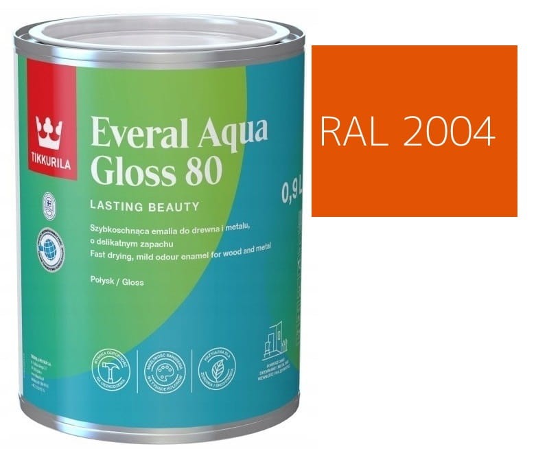 TIKKURILA Everal Aqua Gloss [80] 0,9l Połysk KOLOR POMARAŃCZOWY RAL 2004