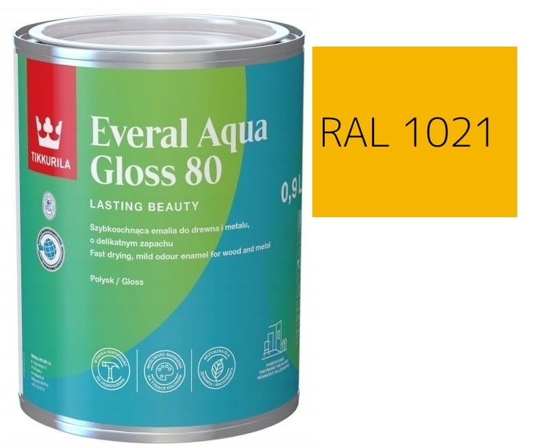 TIKKURILA Everal Aqua Gloss [80] 0,9l Połysk KOLOR ŻÓŁTY KADMOWY RAL 1021