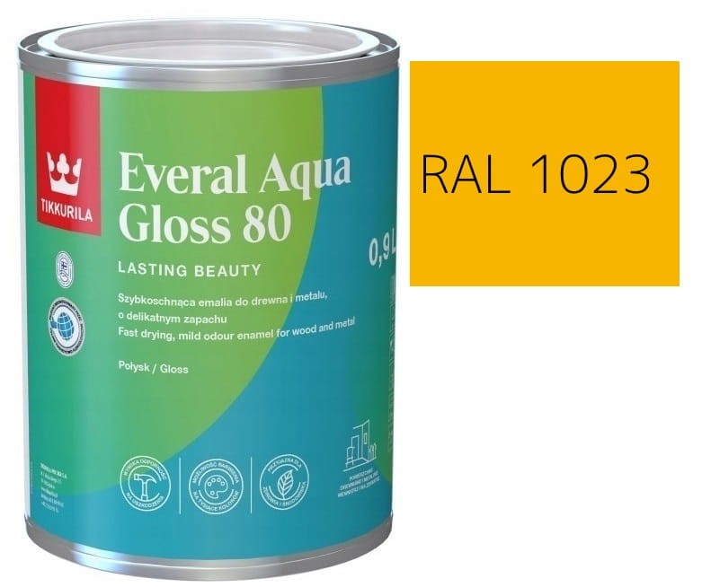 TIKKURILA Everal Aqua Gloss [80] 0,9l Połysk KOLOR ŻÓŁTY OSTRZEGAWCZY RAL 1023