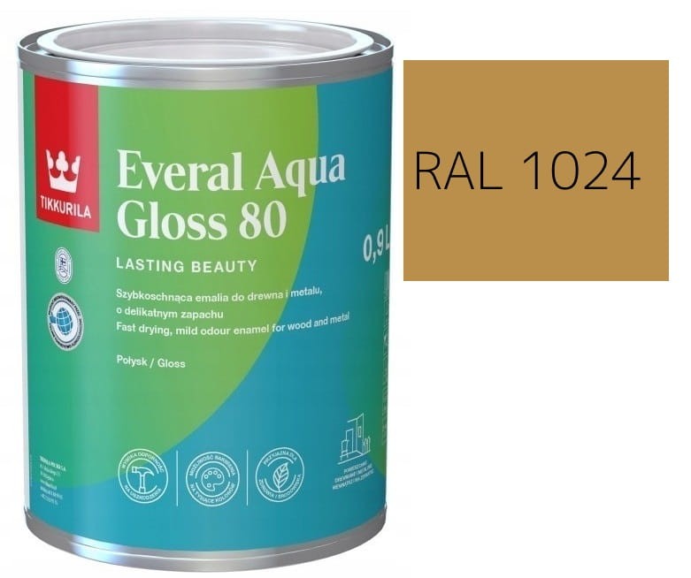 TIKKURILA Everal Aqua Gloss [80] 0,9l Połysk KOLOR OCHRA ŻÓŁTY RAL 1024