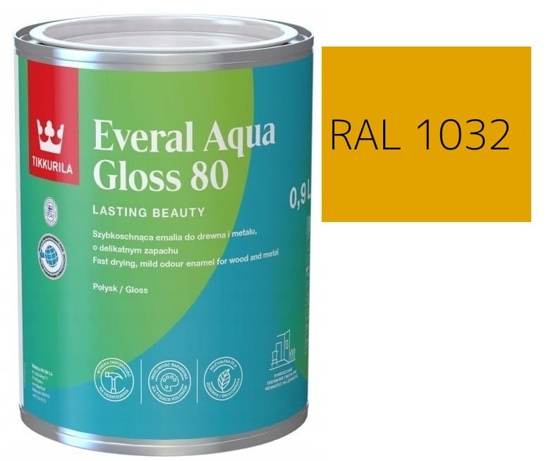 TIKKURILA Everal Aqua Gloss [80] 0,9l Połysk KOLOR ŻÓŁTY CIEMNY RAL 1032